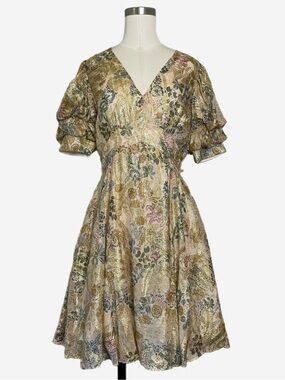 1.State NWT Gold tone metallic floral bubble sleeve mini dress romantic whimsy S
